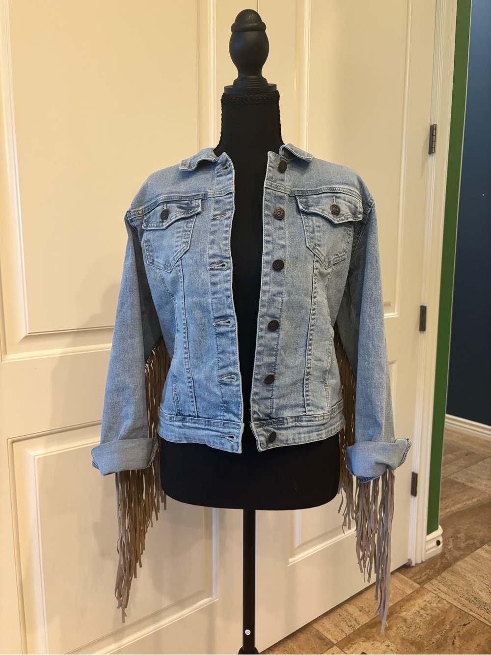 Judith March Light Blue Denim Jacket with Tan Fringe Sleeves
